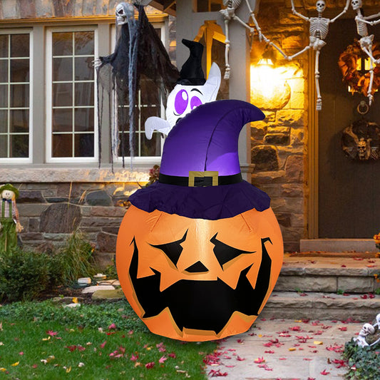 1.5M Tall Lighted Halloween Inflatable Pumpkin with Witch Hat LED Lights Decor Outdoor Indoor Holiday Decorations, Blow up Lighted Yard Decor, Giant Lawn Inflatables Home Family Outside