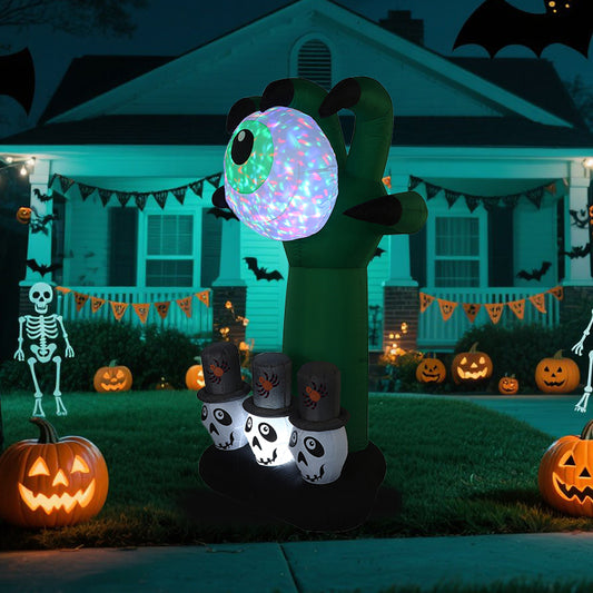 1.8M Halloween Inflatable Decoration - Glowing Green Zombie Hand with LED - Eyeball, Skull Figures in Top Hats for Spooky Outdoor Yard Party Decor