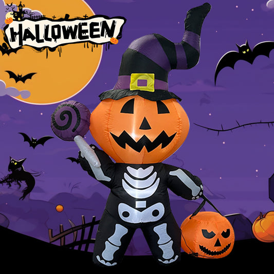 6FT Halloween Inflatable Pumpkin - Skeleton Decor - LED - Lit Witch Hat & Lollipop Design, Outdoor Yard Decoration for Halloween Party, Lawn, Garden