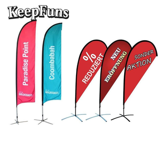 KeepFuns feather flags can be customized in size, color and printed content. They are easy to set up, lightweight, and made of sturdy materials, suitable for advertising, commercial promotion, sports events, etc.