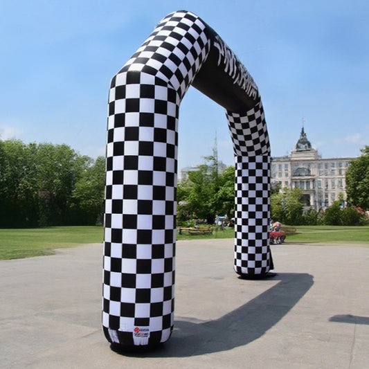 KeepFuns Black and white checkered angled inflatable arch for outdoor events, starting and ending points, running and cycling competitions, customized event signage, and arches