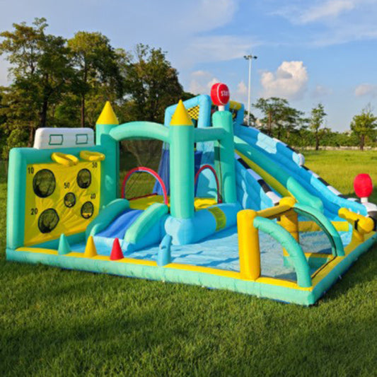 KeepFuns Blue and green contrast inflatable playground Children's slide castle sports park Outdoor parent-child interactive amusement facilities Inflatable playground with basketball and football sports