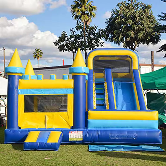 KeepFuns Blue and yellow contrast inflatable castle, children's slide trampoline park, outdoor parent-child interactive amusement facilities, castle theme inflatable amusement equipment