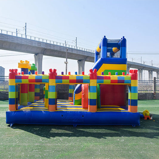 KeepFuns Building block themed inflatable playground, children's large slide trampoline facilities, outdoor parent-child interactive colorful amusement castle