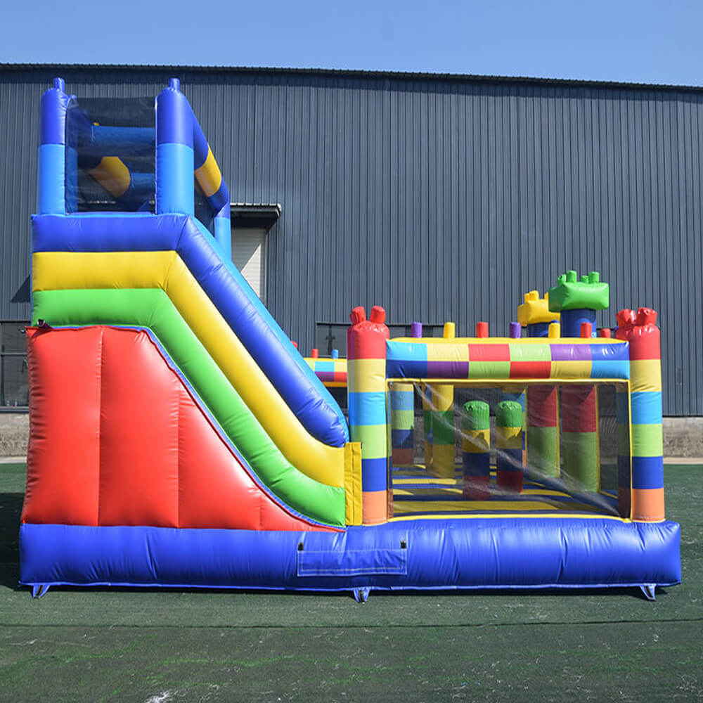KeepFuns Building block themed inflatable playground, children's large slide trampoline facilities, outdoor parent-child interactive colorful amusement castle
