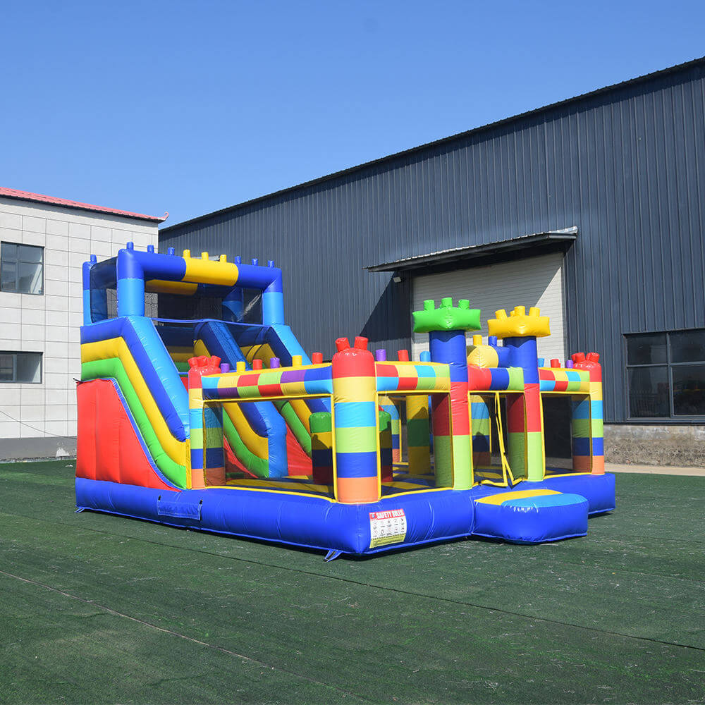 KeepFuns Building block themed inflatable playground, children's large slide trampoline facilities, outdoor parent-child interactive colorful amusement castle