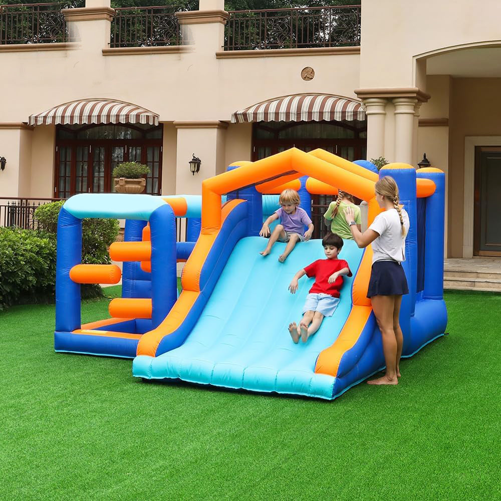 KeepFuns Children's inflatable obstacle course, outdoor slide and climbing park, parent-child interactive amusement facilities, blue and orange contrast inflatable toys