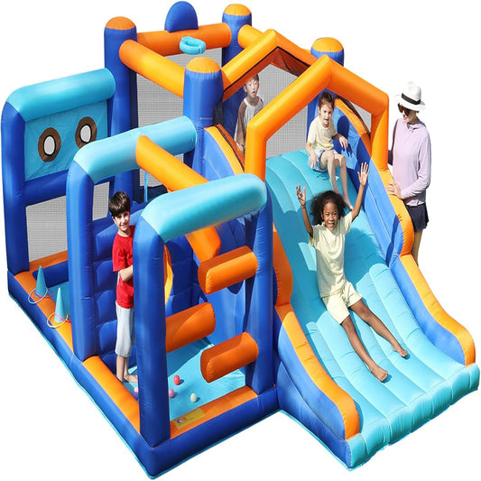 KeepFuns Children's inflatable obstacle course, outdoor slide and climbing park, parent-child interactive amusement facilities, blue and orange contrast inflatable toys