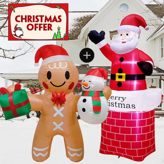 1.8m Christmas Inflatable Gingerbread Man Hold Snowman and Gift Box Lighted Blow Up Christmas Yard Decoration with Built in Fan and Anchor Ropes