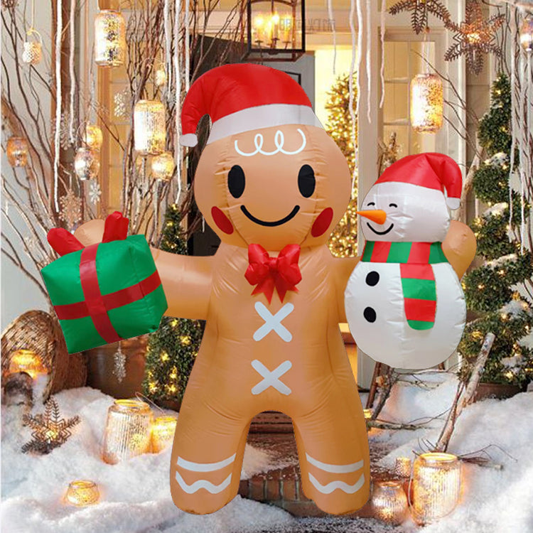 1.8m Christmas Inflatable Gingerbread Man Hold Snowman and Gift Box Lighted Blow Up Christmas Yard Decoration with Built in Fan and Anchor Ropes