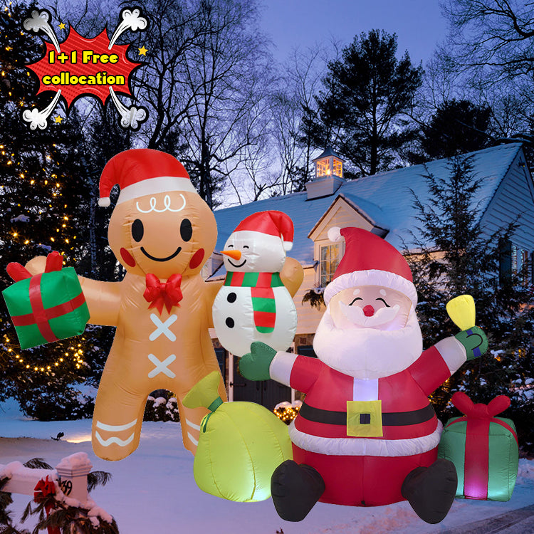 1.8m Christmas Inflatable Gingerbread Man Hold Snowman and Gift Box Lighted Blow Up Christmas Yard Decoration with Built in Fan and Anchor Ropes