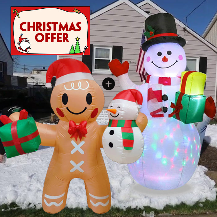 1.8m Christmas Inflatable Gingerbread Man Hold Snowman and Gift Box Lighted Blow Up Christmas Yard Decoration with Built in Fan and Anchor Ropes