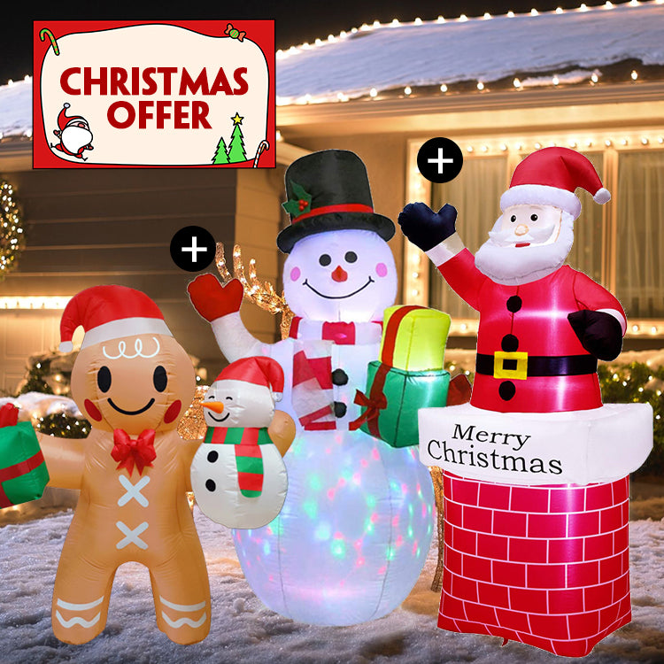 1.8m Christmas Inflatable Gingerbread Man Hold Snowman and Gift Box Lighted Blow Up Christmas Yard Decoration with Built in Fan and Anchor Ropes