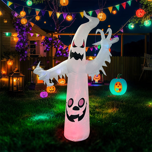 7FT Halloween Inflatable Ghost Decoration with LED Lights - Spooky Outdoor Yard Decor for Halloween Party, Blow - up Pumpkin Lanterns & Party Supplies Included