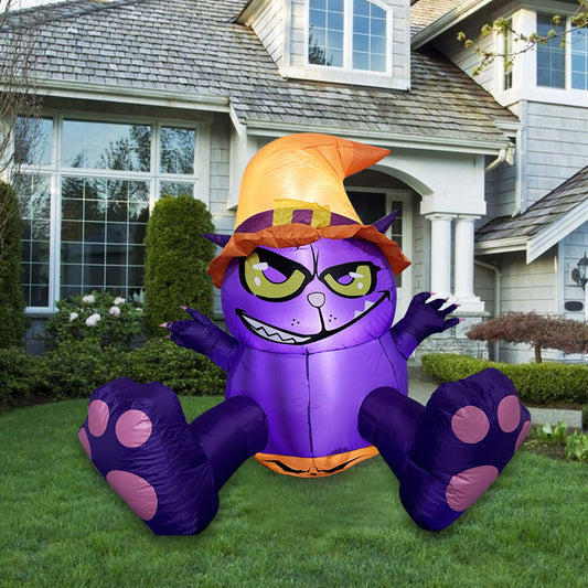 1.5M Halloween Inflatable Purple Cat, Blow up Halloween Decoration Broke Out from Window Built-in 3 LED for Halloween Decoration Outdoor Indoor Home Party Supplies Halloween Lawn Decor