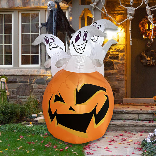 1.8M Halloween Inflatable Pumpkin Ghosts with Build-in LED Lights, Blow up Halloween Inflatable for Indoor Outdoor Party Garden Lawn Holiday Decor (Three Ghosts with Pumpkin)