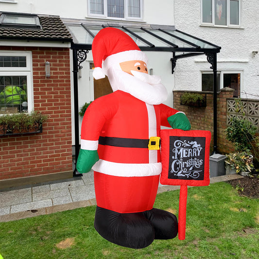 1.74m Inflatable Hand Waving Santa Clause with North Pole Sign Board Pre Lit Mains Powered White LED Lights
