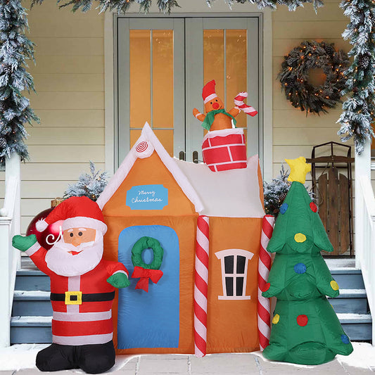 1.8m Inflatable Christmas Gingerbread House Santa and Christmas Tree Decoration