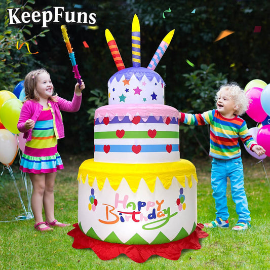 KeepFuns Three-Tier Colorful Birthday Cake Inflatable Decoration - Outdoor Patio Birthday Party Inflatable Model