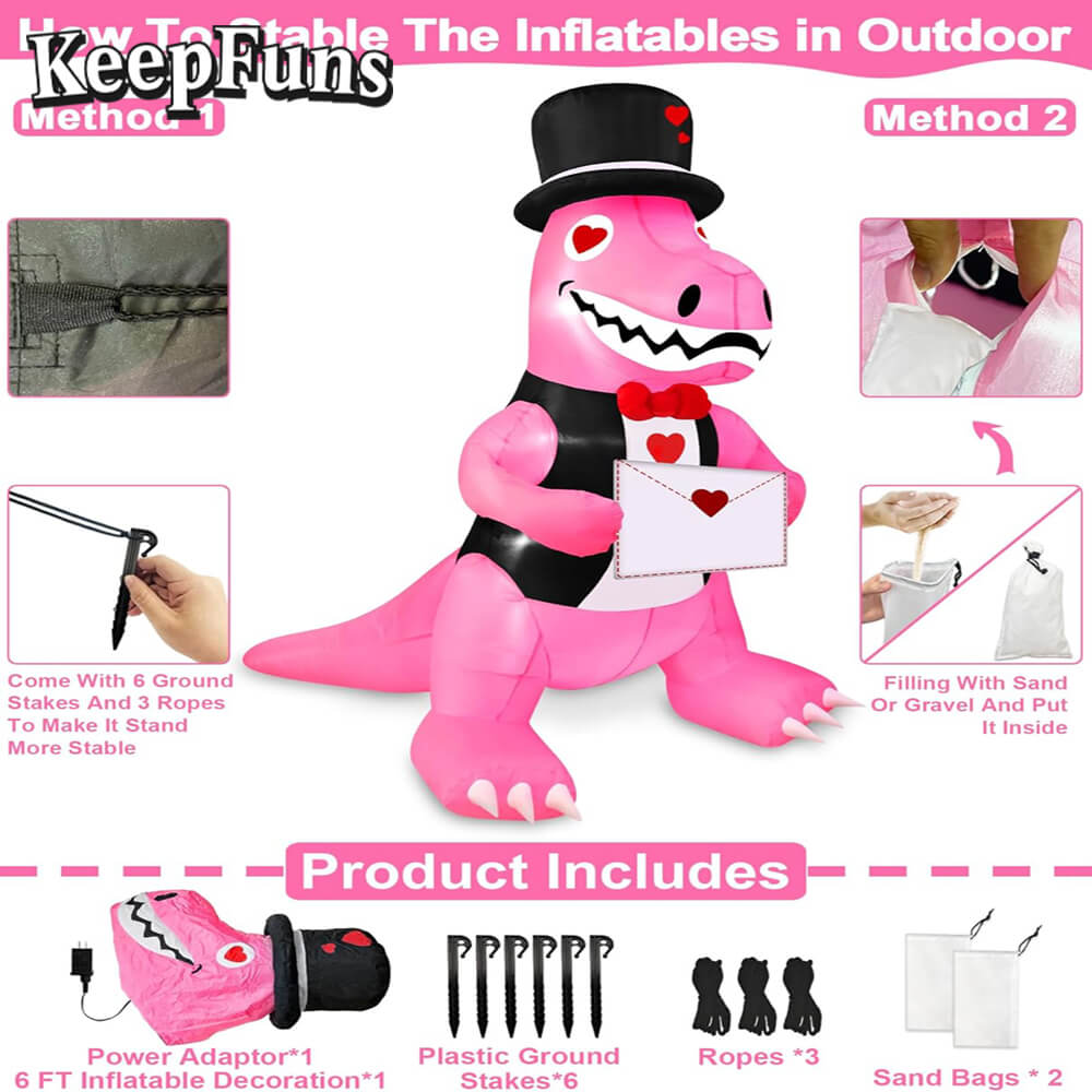 KeepFuns Valentine's Day Pink Dinosaur Inflatable Decoration - Outdoor Patio Indoor Romantic Festival Inflatable Model