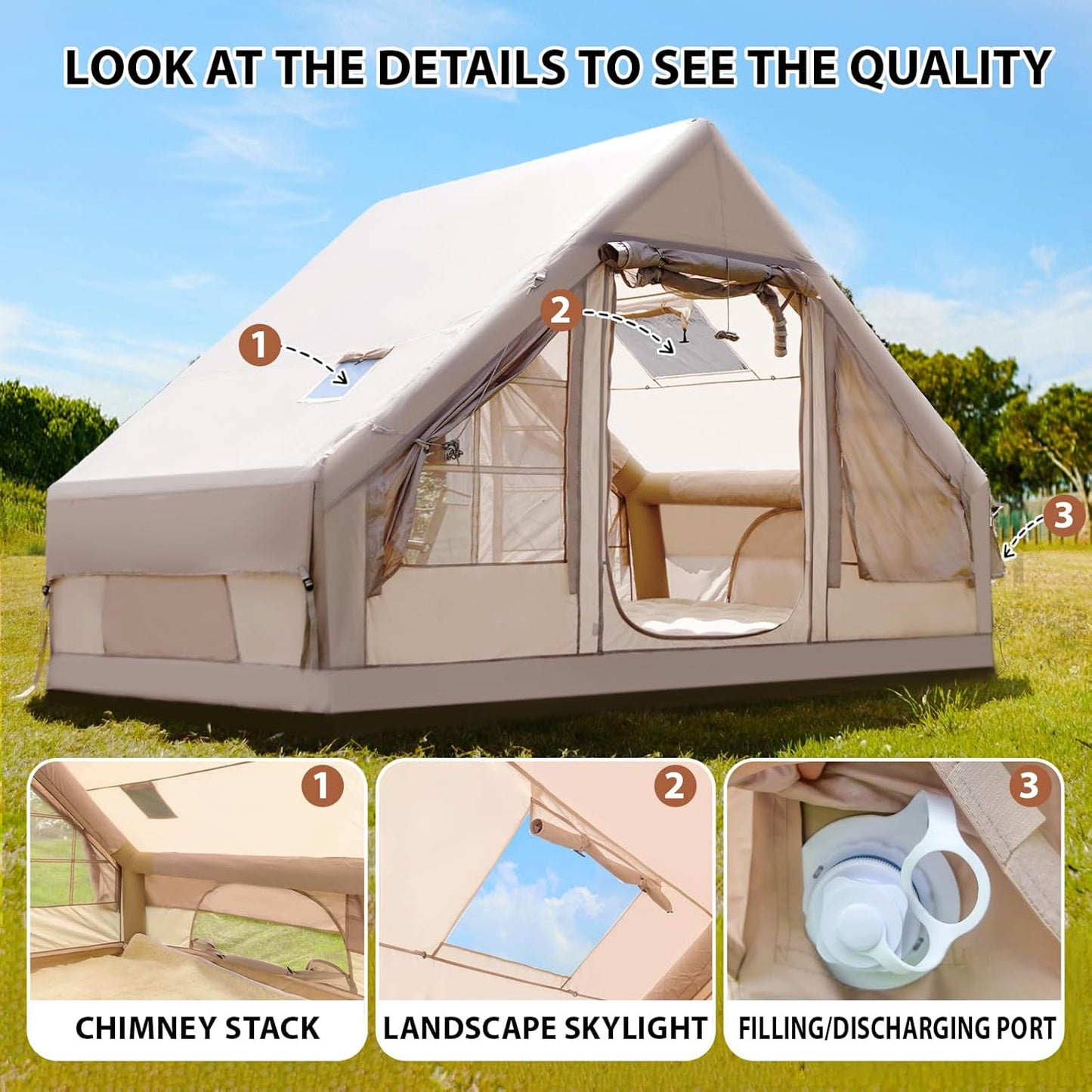 KeepFuns Khaki inflatable tent, convection ventilation camping tent, panoramic view outdoor camping rain and sun protection camp tent