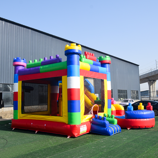 KeepFuns Large inflatable amusement park, children's castle slide trampoline park, outdoor parent-child interactive amusement facilities, colorful building block themed inflatable toys