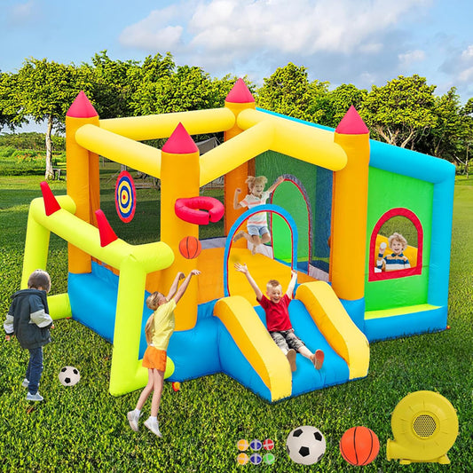 KeepFuns Multifunctional inflatable castle, children's slide and trampoline park, outdoor parent-child interactive amusement facilities, football and basketball sports themed inflatable toys