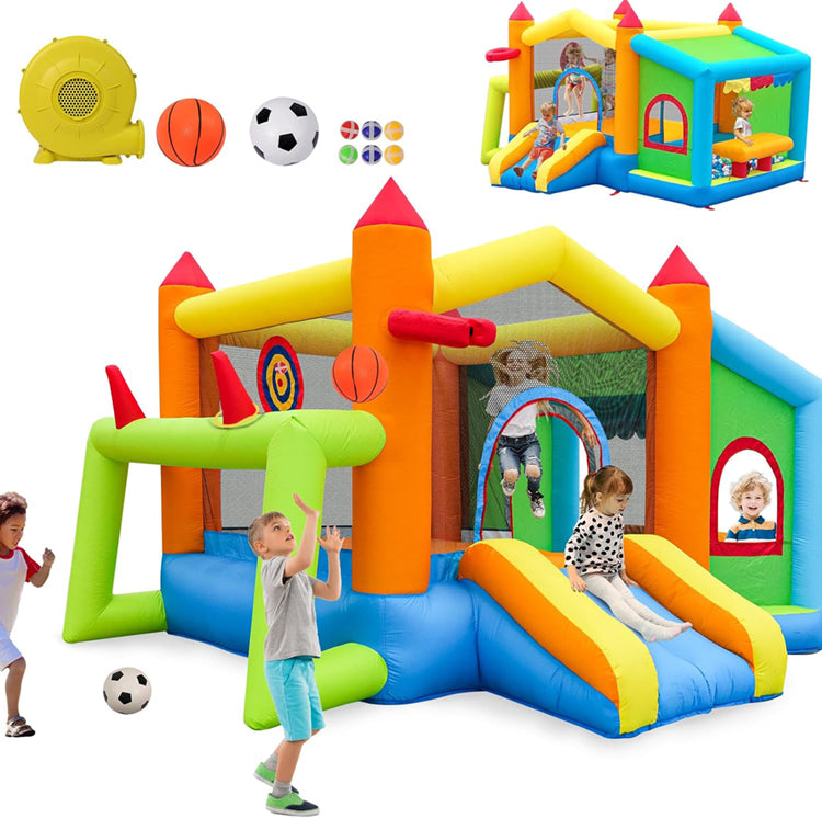 KeepFuns Multifunctional inflatable castle, children's slide and trampoline park, outdoor parent-child interactive amusement facilities, football and basketball sports themed inflatable toys