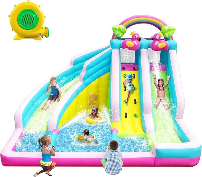 KeepFuns Rainbow Flamingo Inflatable Water Park Children's Double Slide Water Castle Outdoor Parent-Child Interactive Water Castle Large Inflatable Amusement Facility with Fan