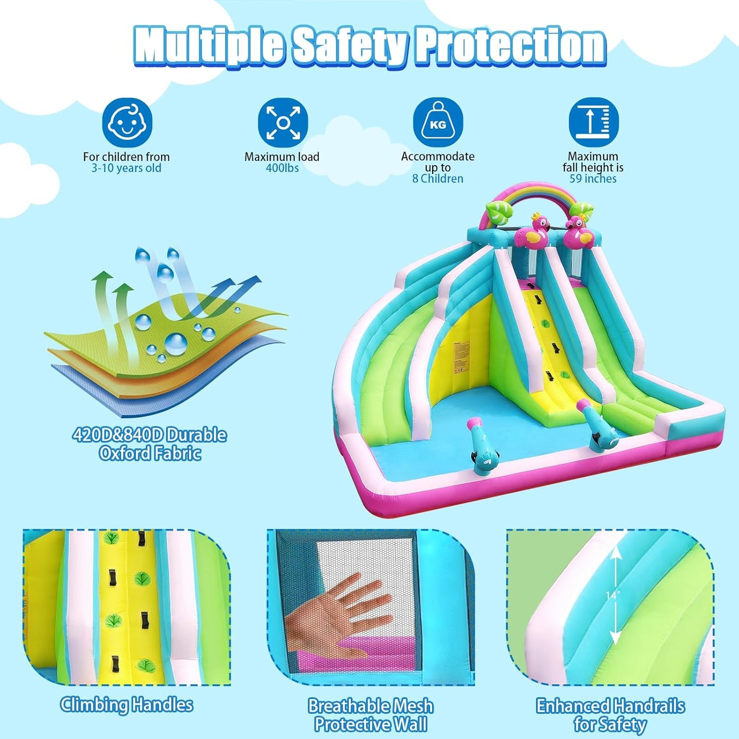 KeepFuns Rainbow Flamingo Inflatable Water Park Children's Double Slide Water Castle Outdoor Parent-Child Interactive Water Castle Large Inflatable Amusement Facility with Fan