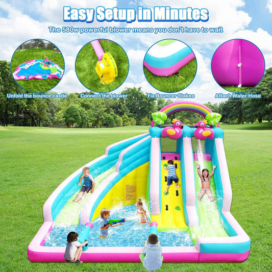 KeepFuns Rainbow Flamingo Inflatable Water Park Children's Double Slide Water Castle Outdoor Parent-Child Interactive Water Castle Large Inflatable Amusement Facility with Fan