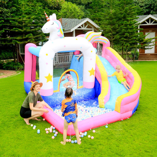 KeepFuns Unicorn theme inflatable water park, children's slide, ball pool, water castle, outdoor parent-child interactive amusement facilities, inflatable park with spray rainbow