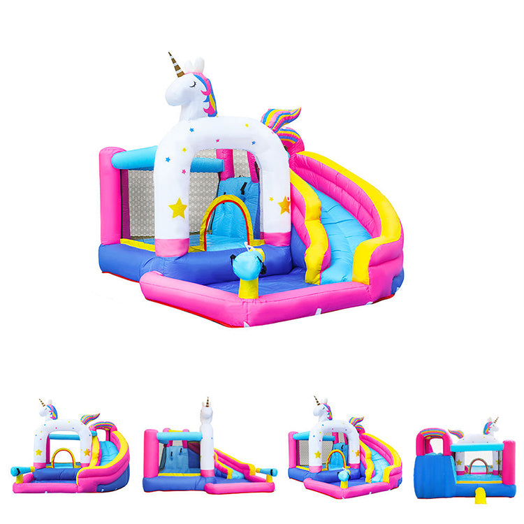 KeepFuns Unicorn theme inflatable water park, children's slide, ball pool, water castle, outdoor parent-child interactive amusement facilities, inflatable park with spray rainbow
