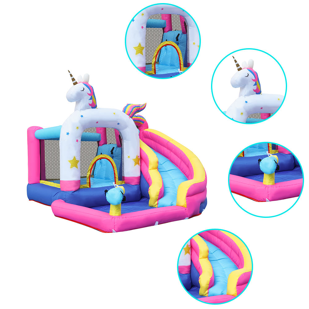 KeepFuns Unicorn theme inflatable water park, children's slide, ball pool, water castle, outdoor parent-child interactive amusement facilities, inflatable park with spray rainbow