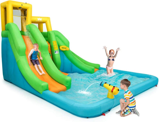 KeepFuns Yellow, green and blue contrasting inflatable water park, children's double slide water castle, outdoor parent-child interactive water fortress, with spray water gun amusement facilities