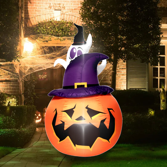 1.5M Tall Lighted Halloween Inflatable Pumpkin with Witch Hat LED Lights Decor Outdoor Indoor Holiday Decorations, Blow up Lighted Yard Decor, Giant Lawn Inflatables Home Family Outside