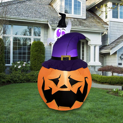 1.5M Tall Lighted Halloween Inflatable Pumpkin with Witch Hat LED Lights Decor Outdoor Indoor Holiday Decorations, Blow up Lighted Yard Decor, Giant Lawn Inflatables Home Family Outside
