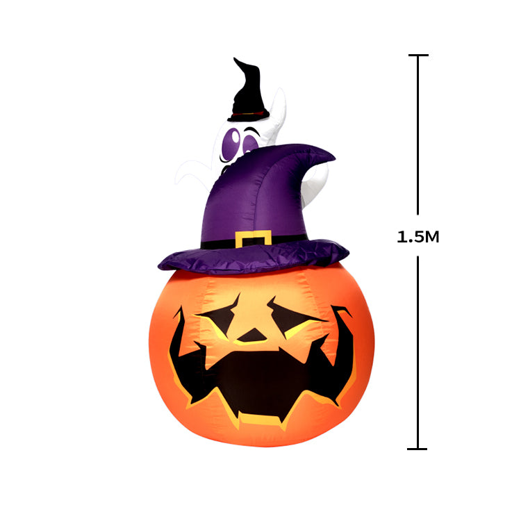 1.5M Tall Lighted Halloween Inflatable Pumpkin with Witch Hat LED Lights Decor Outdoor Indoor Holiday Decorations, Blow up Lighted Yard Decor, Giant Lawn Inflatables Home Family Outside