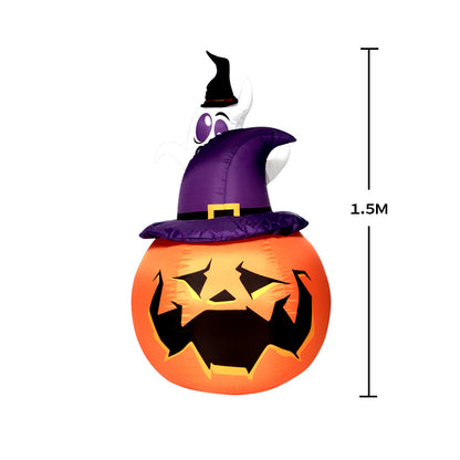 1.5M Tall Lighted Halloween Inflatable Pumpkin with Witch Hat LED Lights Decor Outdoor Indoor Holiday Decorations, Blow up Lighted Yard Decor, Giant Lawn Inflatables Home Family Outside