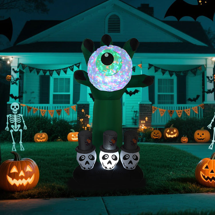 1.8M Halloween Inflatable Decoration - Glowing Green Zombie Hand with LED - Eyeball, Skull Figures in Top Hats for Spooky Outdoor Yard Party Decor