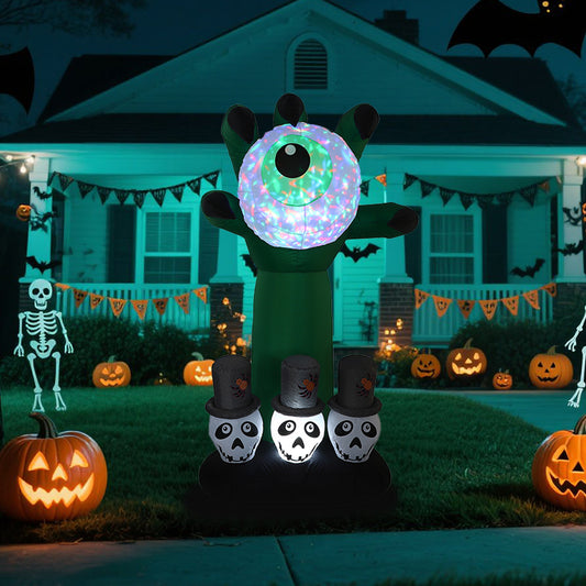 1.8M Halloween Inflatable Decoration - Glowing Green Zombie Hand with LED - Eyeball, Skull Figures in Top Hats for Spooky Outdoor Yard Party Decor