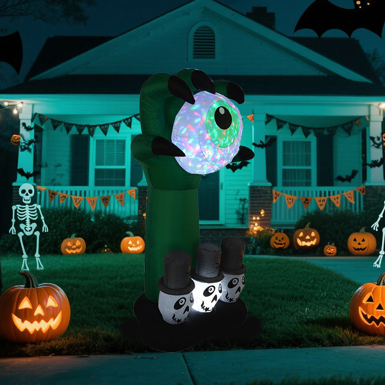 1.8M Halloween Inflatable Decoration - Glowing Green Zombie Hand with LED - Eyeball, Skull Figures in Top Hats for Spooky Outdoor Yard Party Decor