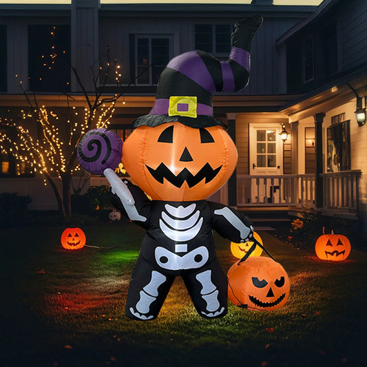 6FT Halloween Inflatable Pumpkin - Skeleton Decor - LED - Lit Witch Hat & Lollipop Design, Outdoor Yard Decoration for Halloween Party, Lawn, Garden