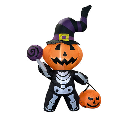6FT Halloween Inflatable Pumpkin - Skeleton Decor - LED - Lit Witch Hat & Lollipop Design, Outdoor Yard Decoration for Halloween Party, Lawn, Garden