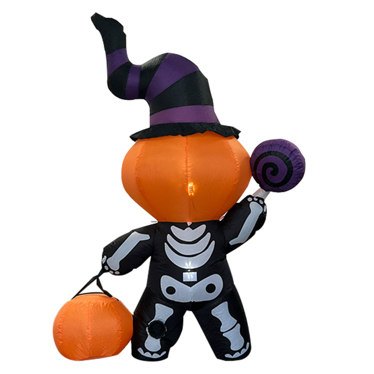 6FT Halloween Inflatable Pumpkin - Skeleton Decor - LED - Lit Witch Hat & Lollipop Design, Outdoor Yard Decoration for Halloween Party, Lawn, Garden