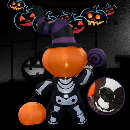 6FT Halloween Inflatable Pumpkin - Skeleton Decor - LED - Lit Witch Hat & Lollipop Design, Outdoor Yard Decoration for Halloween Party, Lawn, Garden