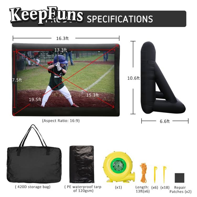 KeepFuns Inflatable Movie Screen/Projection Screen, with support legs, easy to install, customizable in size, suitable for indoor and outdoor screenings, and applicable to parties, gatherings, advertising, etc.