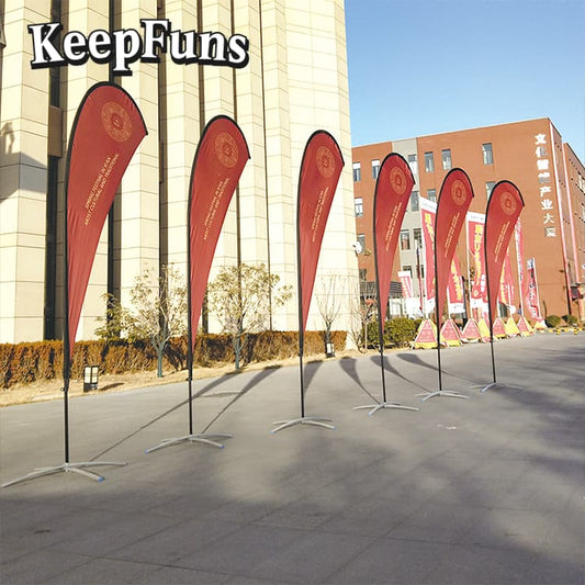 KeepFuns Feather Flags can be customized in size, color, and printed content. They are easy to set up, lightweight, and made of sturdy materials, suitable for advertising, commercial promotion, sports events, etc.