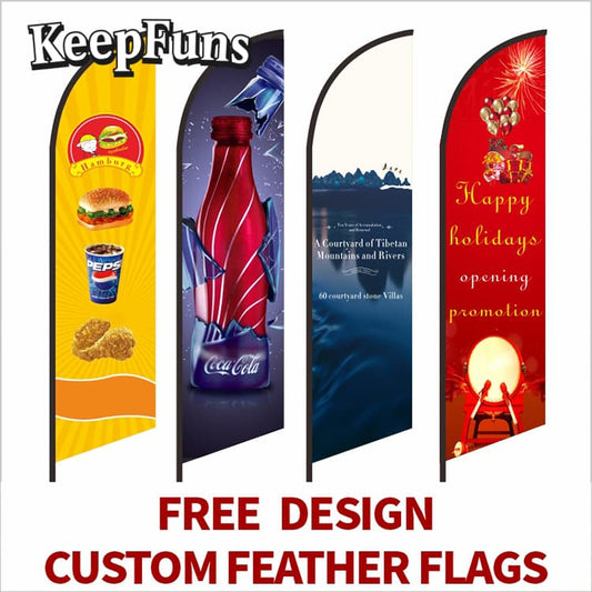 KeepFuns Feather Flags can be customized in size, color, and printed content. They are easy to set up, lightweight, and made of sturdy materials, suitable for advertising, commercial promotion, sports events, etc.
