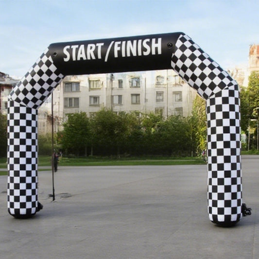 KeepFuns Black and white checkered angled inflatable arch for outdoor events, starting and ending points, running and cycling competitions, customized event signage, and arches